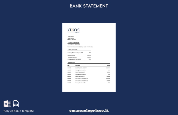 Modello Word di estratto conto bancario Axos Bank USA in stile verificato